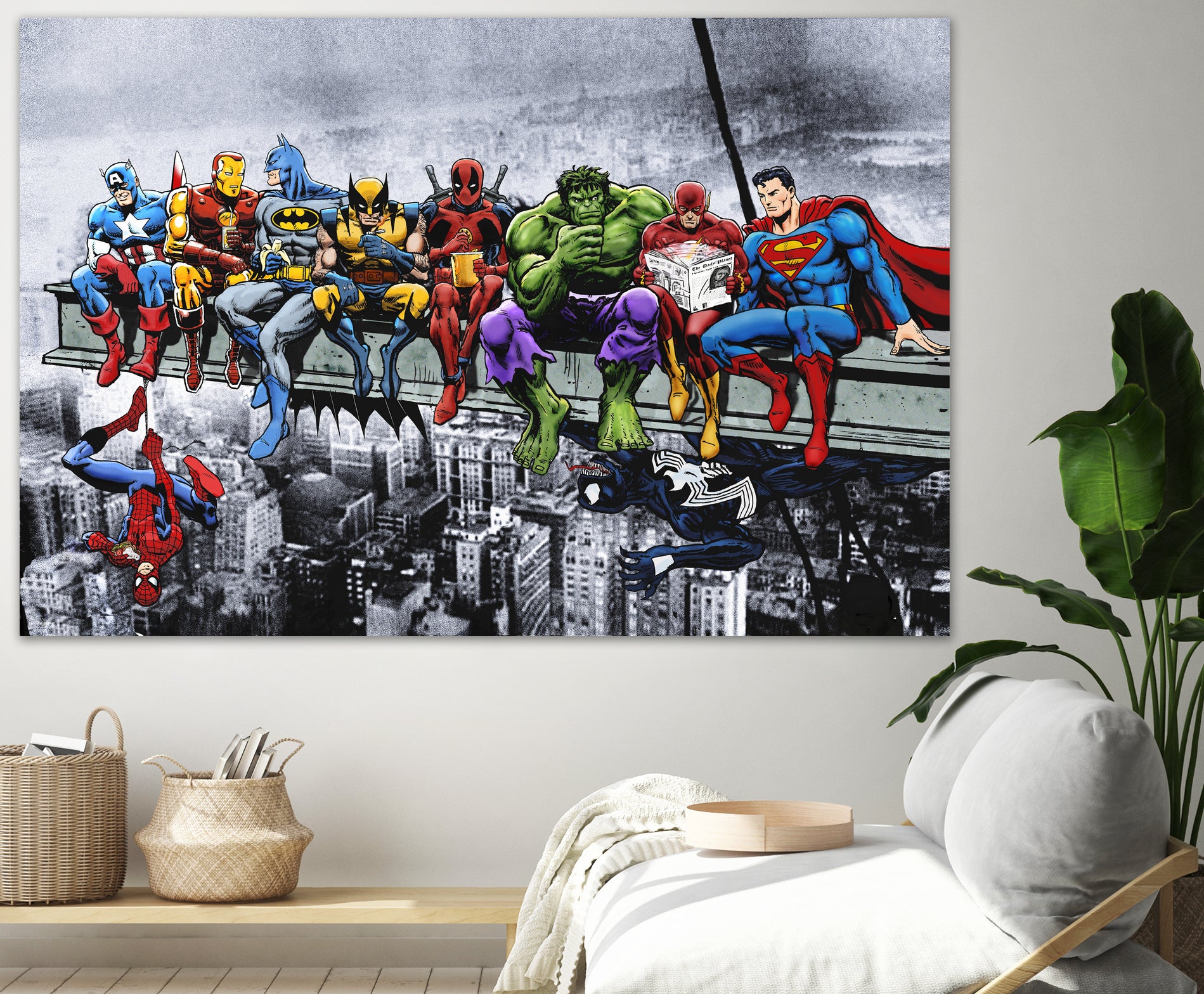 Marvel and DC Superheroes Lunch Atop A Skyscraper by Dan Avenell on GIANT ART - red digital painting