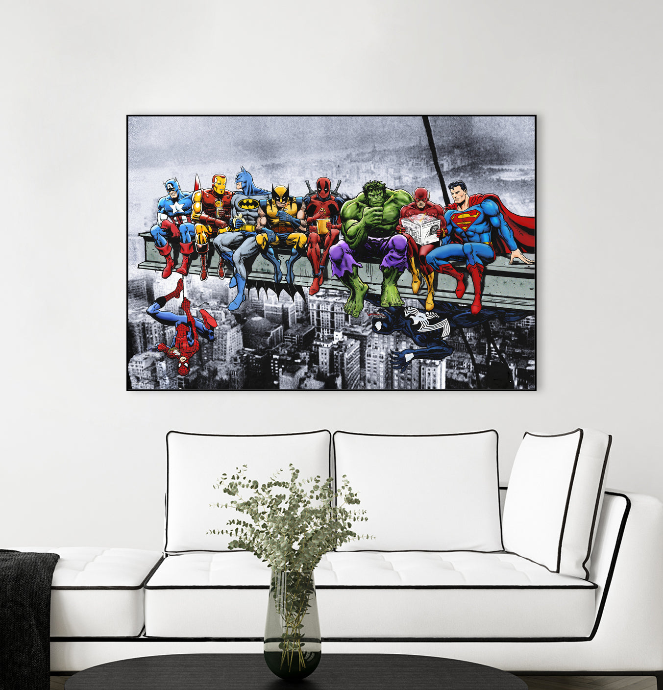 Marvel and DC Superheroes Lunch Atop A Skyscraper by Dan Avenell on GIANT ART - red digital painting