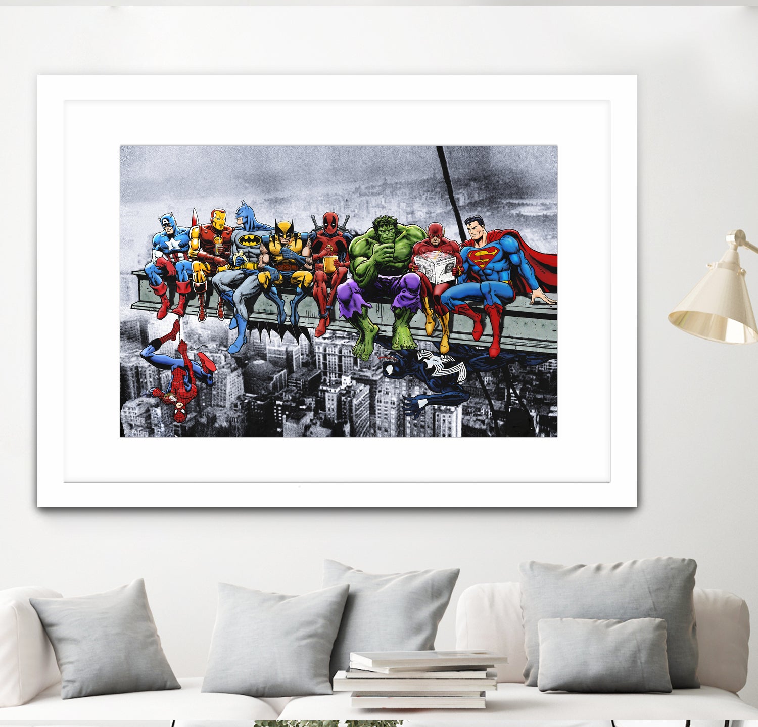 Marvel and DC Superheroes Lunch Atop A Skyscraper by Dan Avenell on GIANT ART - red digital painting