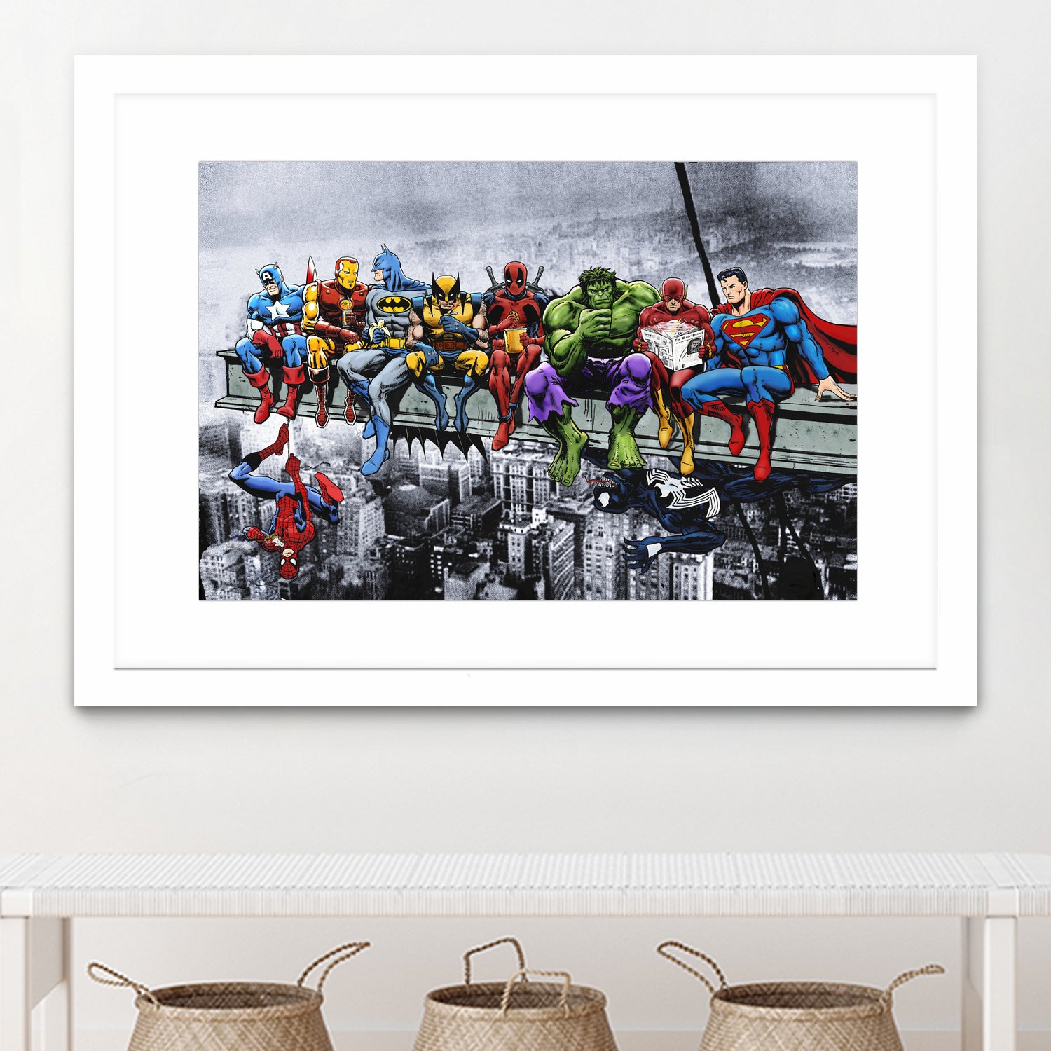 Marvel and DC Superheroes Lunch Atop A Skyscraper by Dan Avenell on GIANT ART - red digital painting