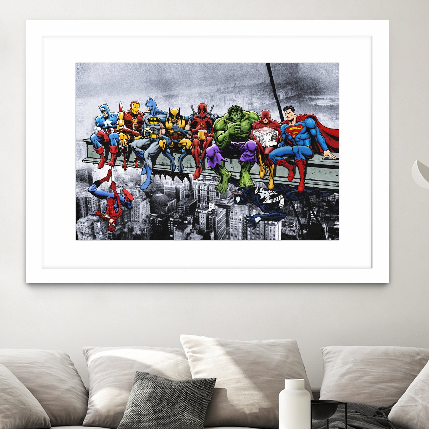 Marvel and DC Superheroes Lunch Atop A Skyscraper by Dan Avenell on GIANT ART - red digital painting