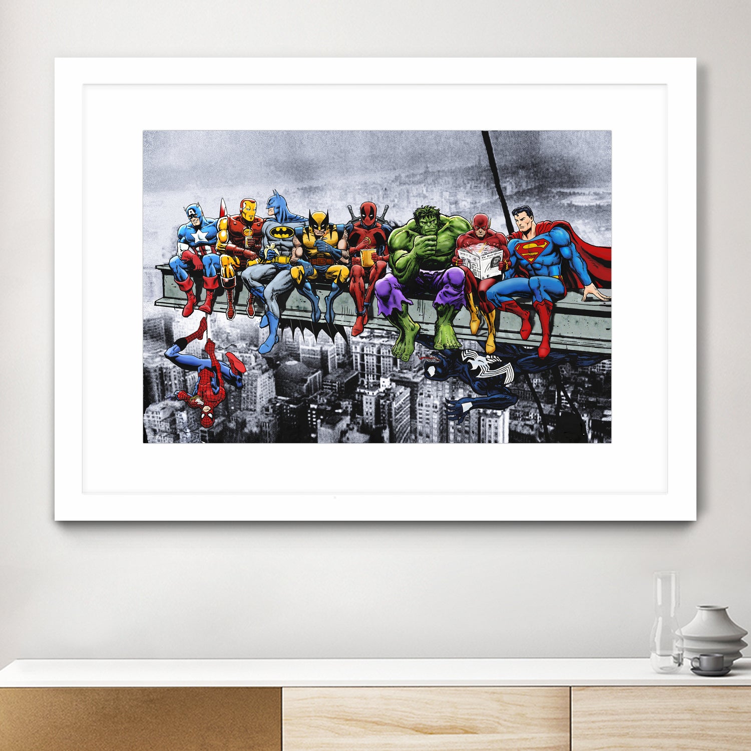 Marvel and DC Superheroes Lunch Atop A Skyscraper by Dan Avenell on GIANT ART - red digital painting