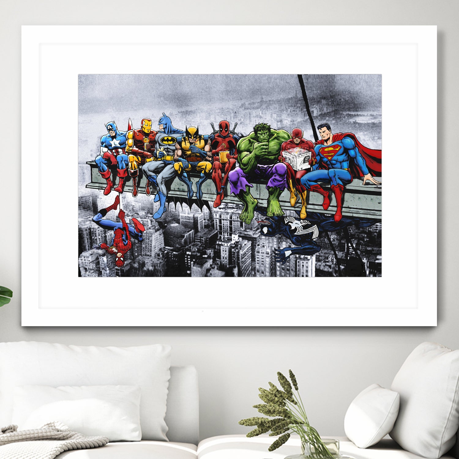 Marvel and DC Superheroes Lunch Atop A Skyscraper by Dan Avenell on GIANT ART - red digital painting