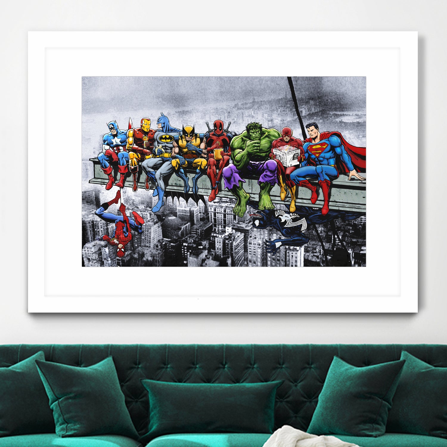 Marvel and DC Superheroes Lunch Atop A Skyscraper by Dan Avenell on GIANT ART - red digital painting