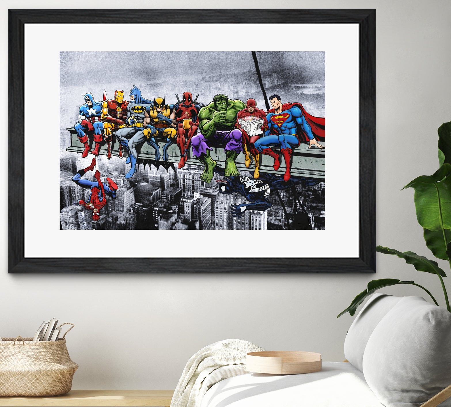 Marvel and DC Superheroes Lunch Atop A Skyscraper by Dan Avenell on GIANT ART - red digital painting