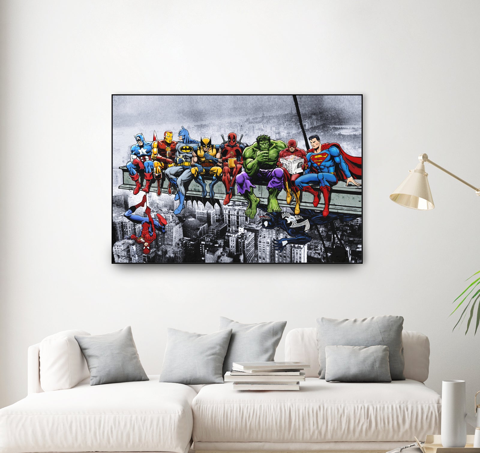 Marvel and DC Superheroes Lunch Atop A Skyscraper by Dan Avenell on GIANT ART - red digital painting