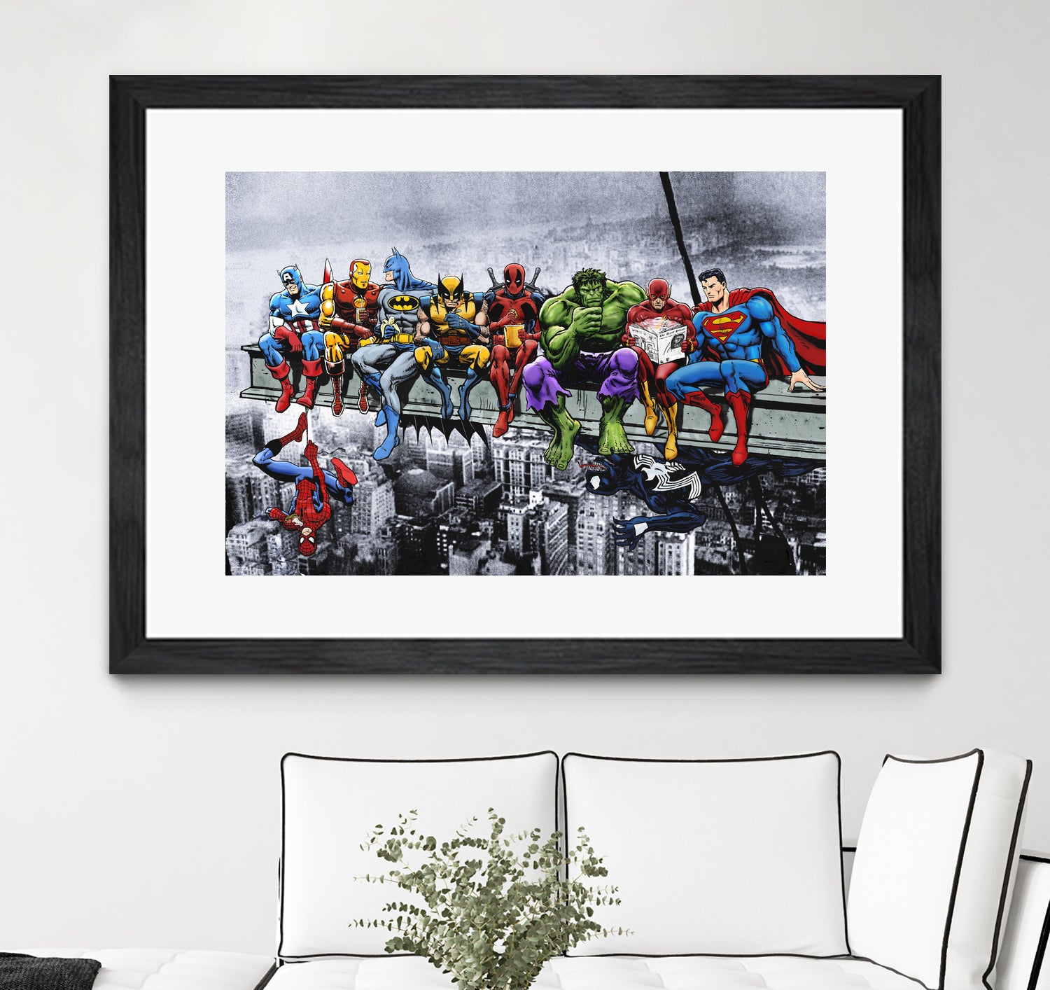 Marvel and DC Superheroes Lunch Atop A Skyscraper by Dan Avenell on GIANT ART - red digital painting