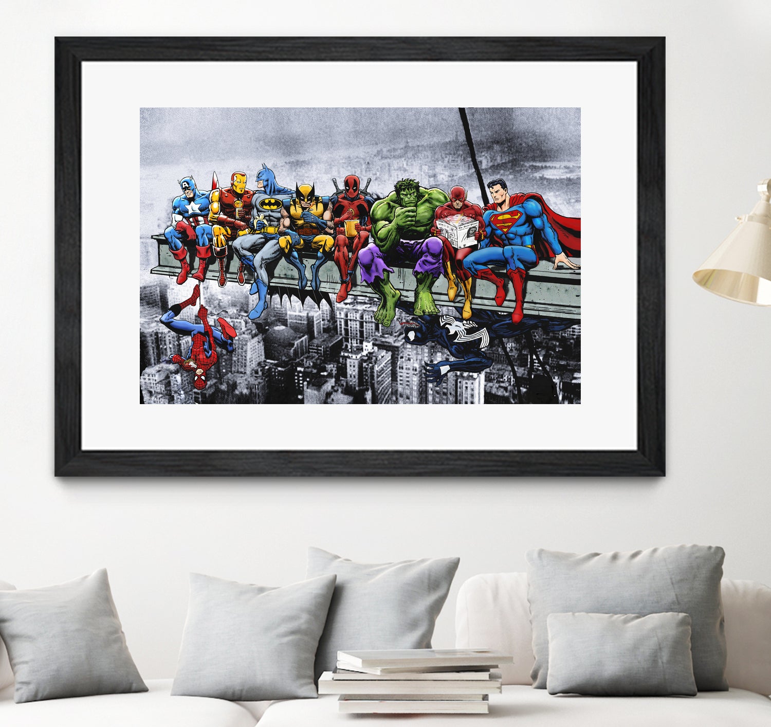 Marvel and DC Superheroes Lunch Atop A Skyscraper by Dan Avenell on GIANT ART - red digital painting