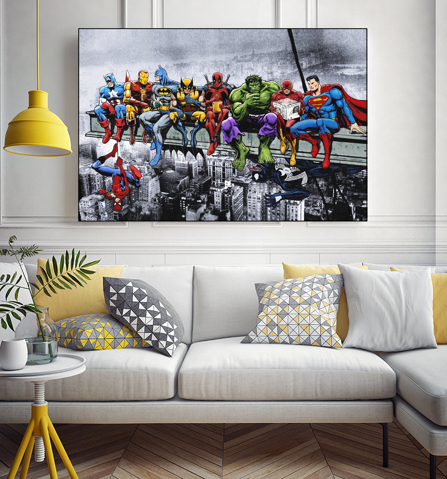 Marvel and DC Superheroes Lunch Atop A Skyscraper by Dan Avenell on GIANT ART - red digital painting