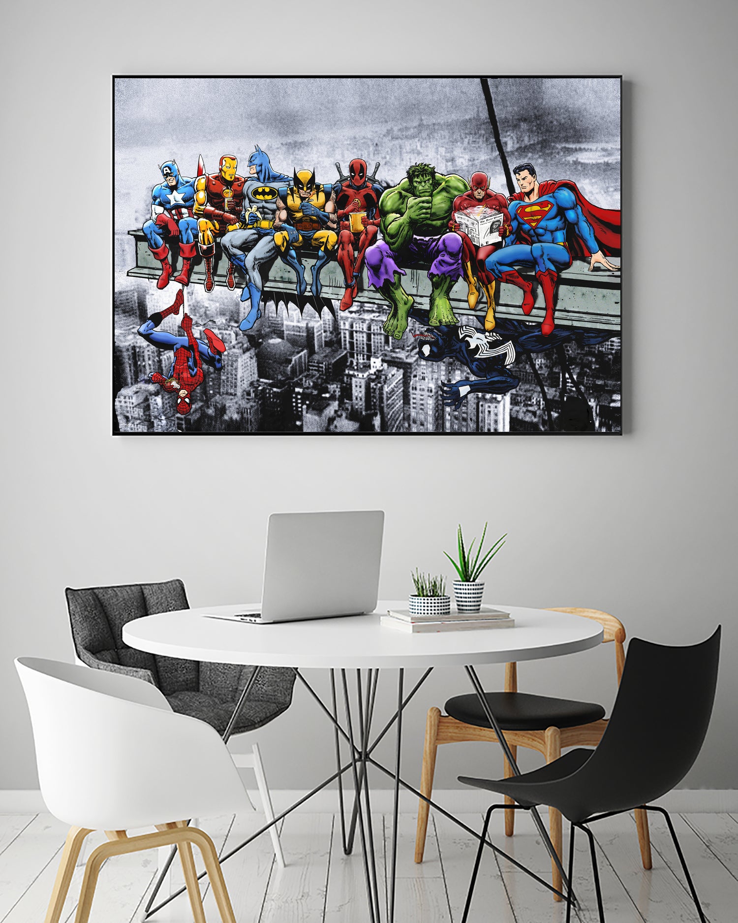 Marvel and DC Superheroes Lunch Atop A Skyscraper by Dan Avenell on GIANT ART - red digital painting