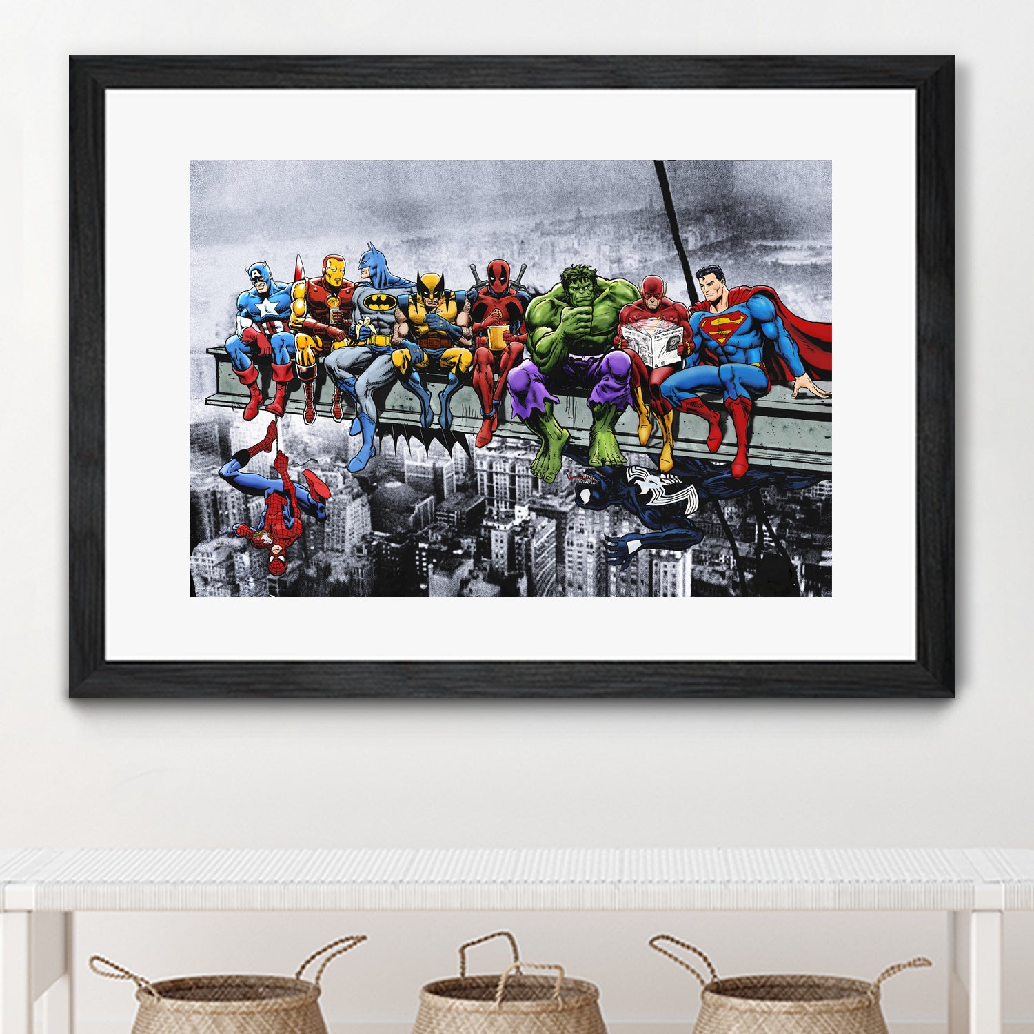 Marvel and DC Superheroes Lunch Atop A Skyscraper by Dan Avenell on GIANT ART - red digital painting