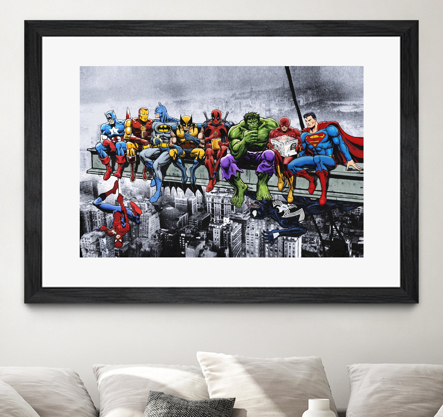 Marvel and DC Superheroes Lunch Atop A Skyscraper by Dan Avenell on GIANT ART - red digital painting