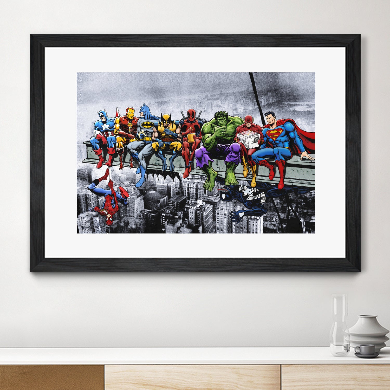 Marvel and DC Superheroes Lunch Atop A Skyscraper by Dan Avenell on GIANT ART - red digital painting