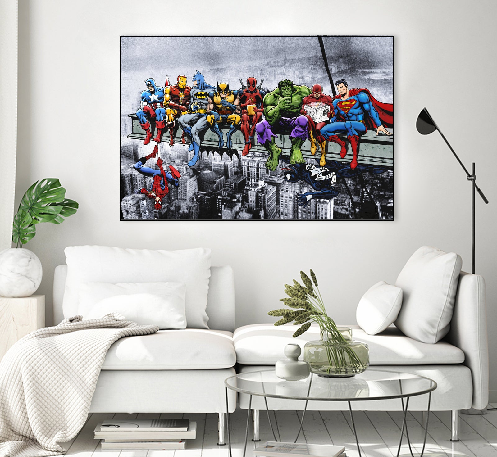 Marvel and DC Superheroes Lunch Atop A Skyscraper by Dan Avenell on GIANT ART - red digital painting