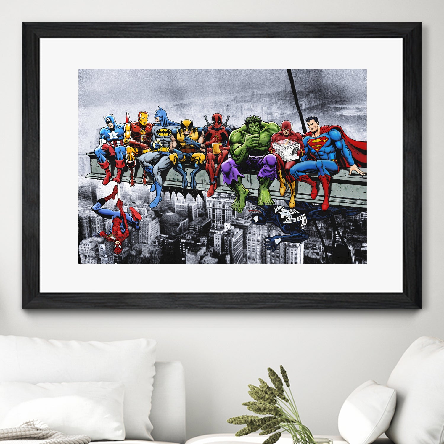 Marvel and DC Superheroes Lunch Atop A Skyscraper by Dan Avenell on GIANT ART - red digital painting