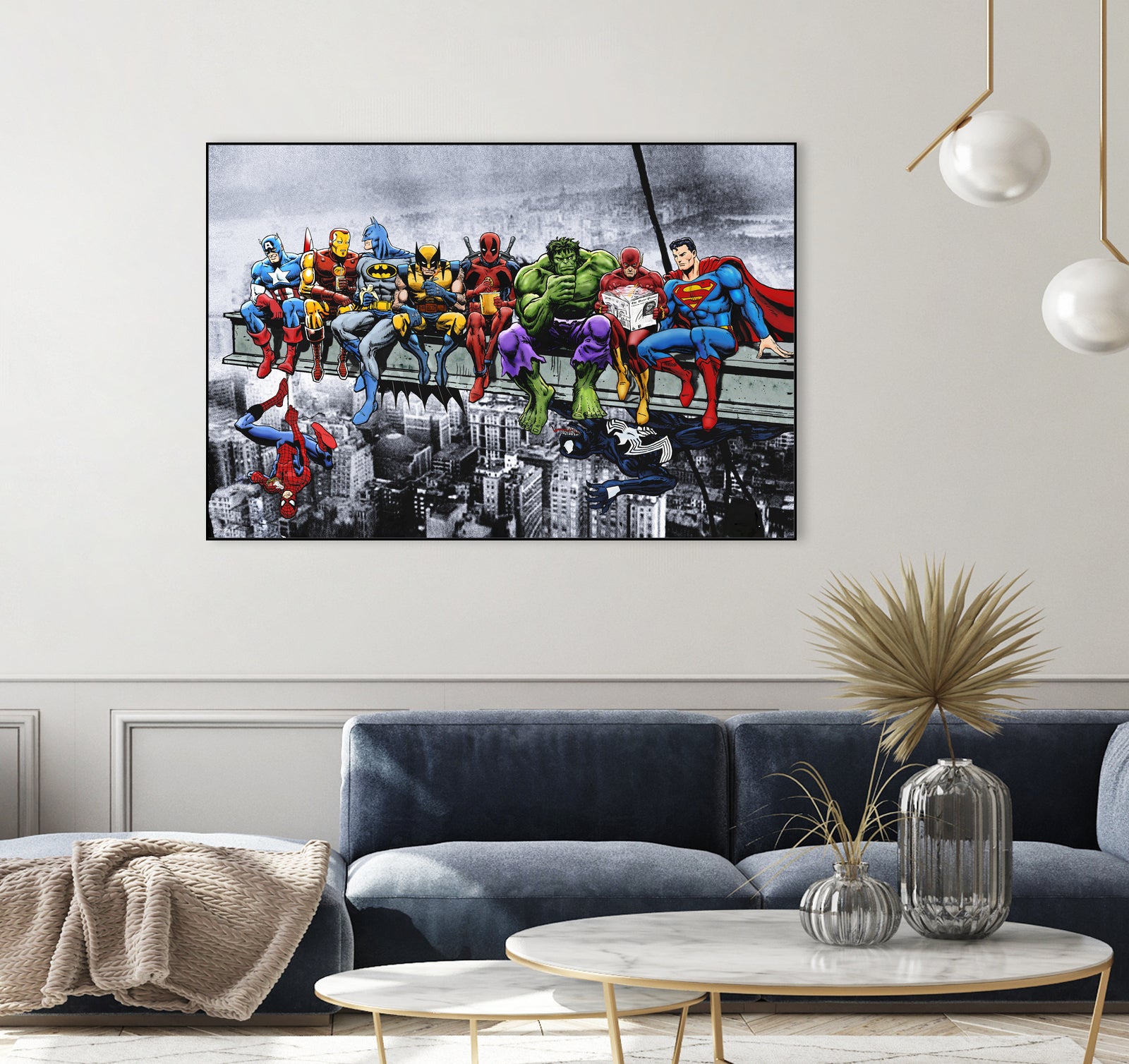 Marvel and DC Superheroes Lunch Atop A Skyscraper by Dan Avenell on GIANT ART - red digital painting