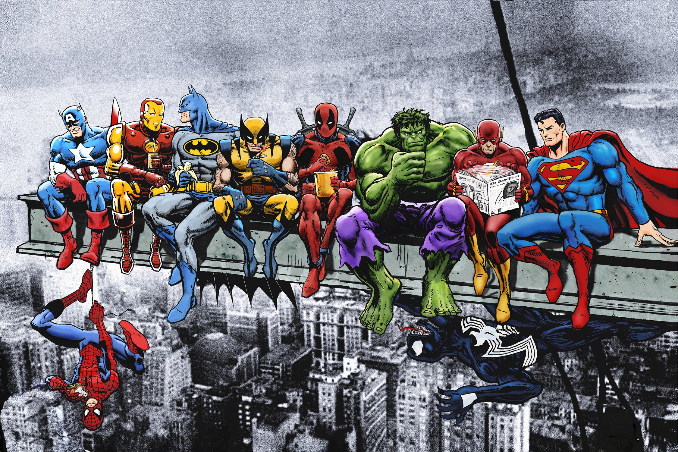 Marvel and DC Superheroes Lunch Atop A Skyscraper by Dan Avenell on GIANT ART - red digital painting