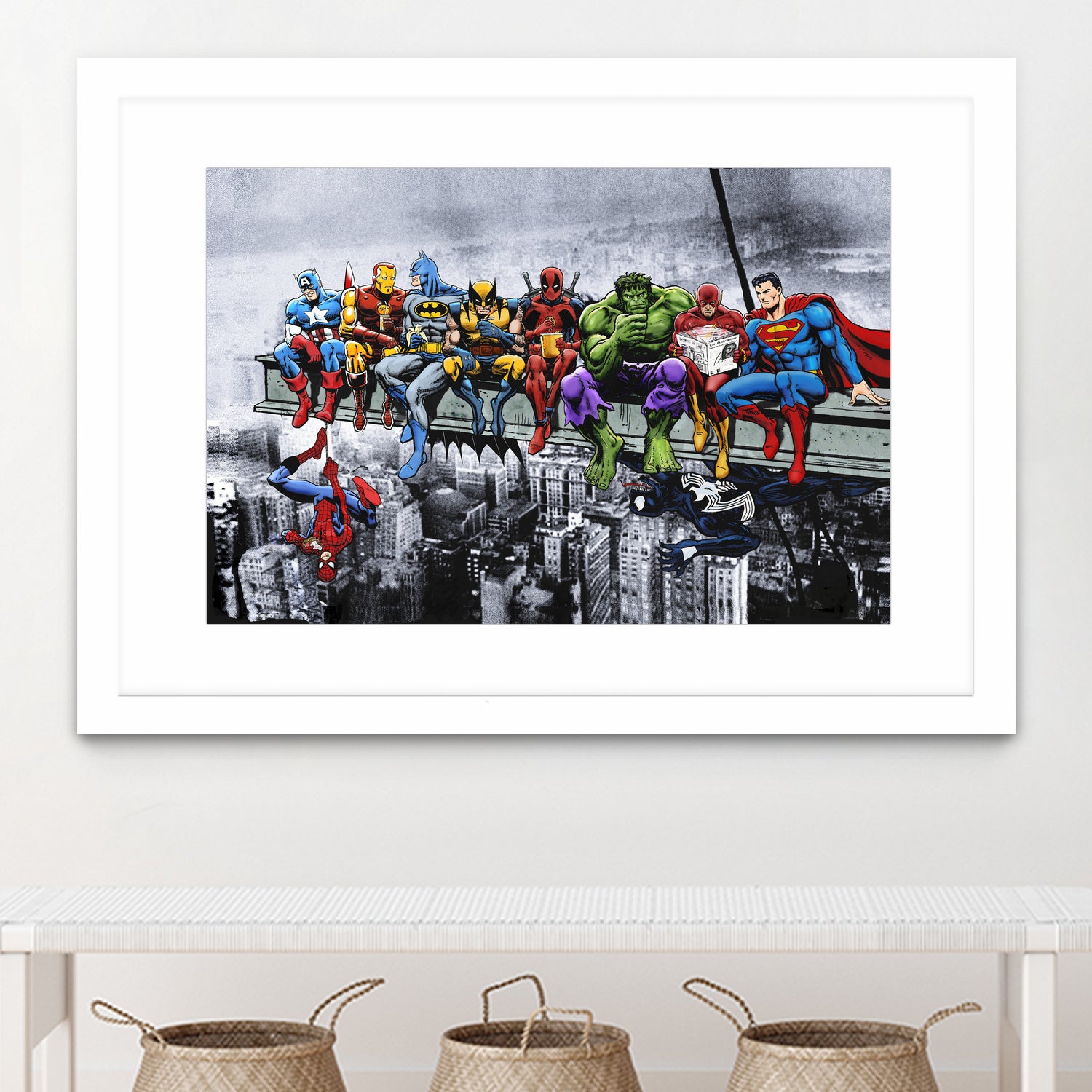 Marvel and DC Superheroes Lunch Atop A Skyscraper by Dan Avenell on GIANT ART - red digital painting