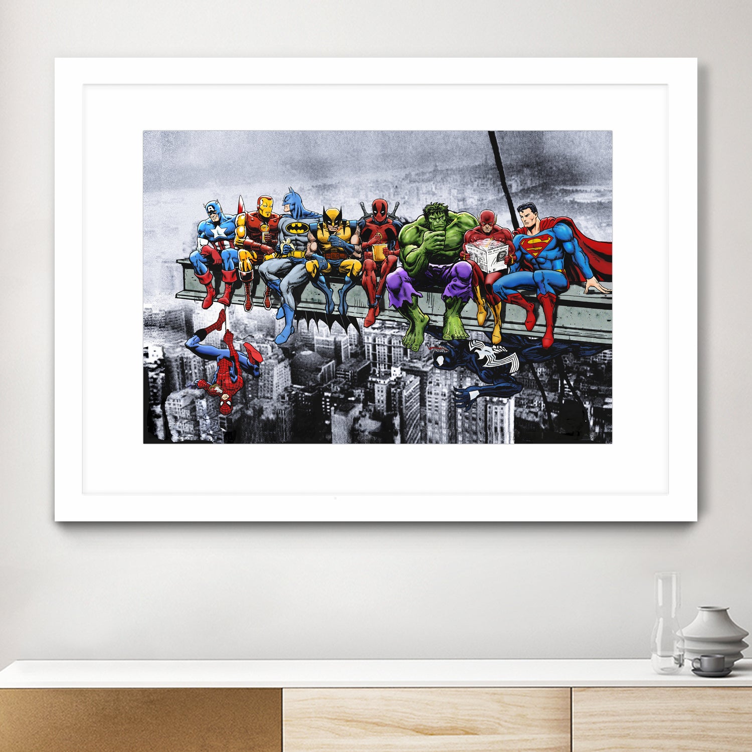 Marvel and DC Superheroes Lunch Atop A Skyscraper by Dan Avenell on GIANT ART - red digital painting