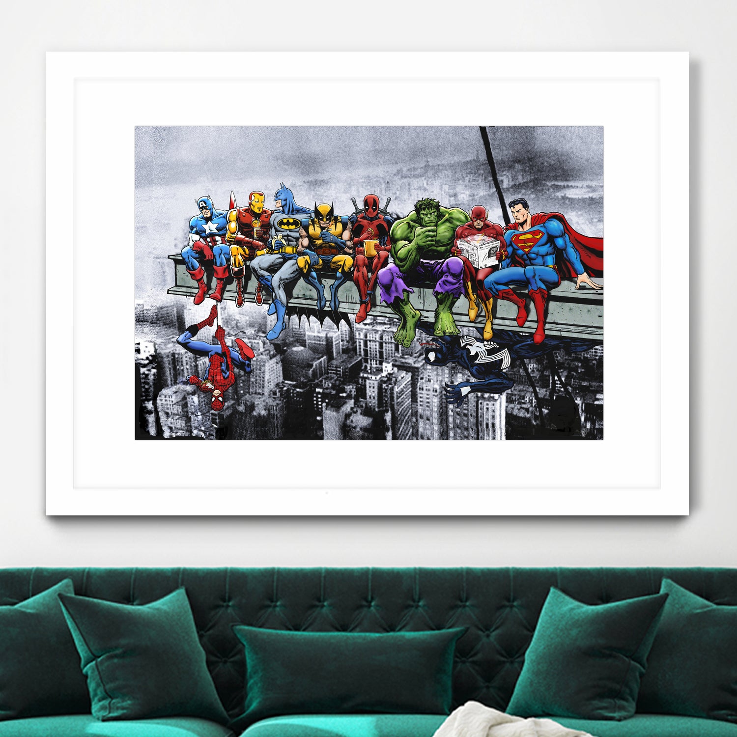 Marvel and DC Superheroes Lunch Atop A Skyscraper by Dan Avenell on GIANT ART - red digital painting