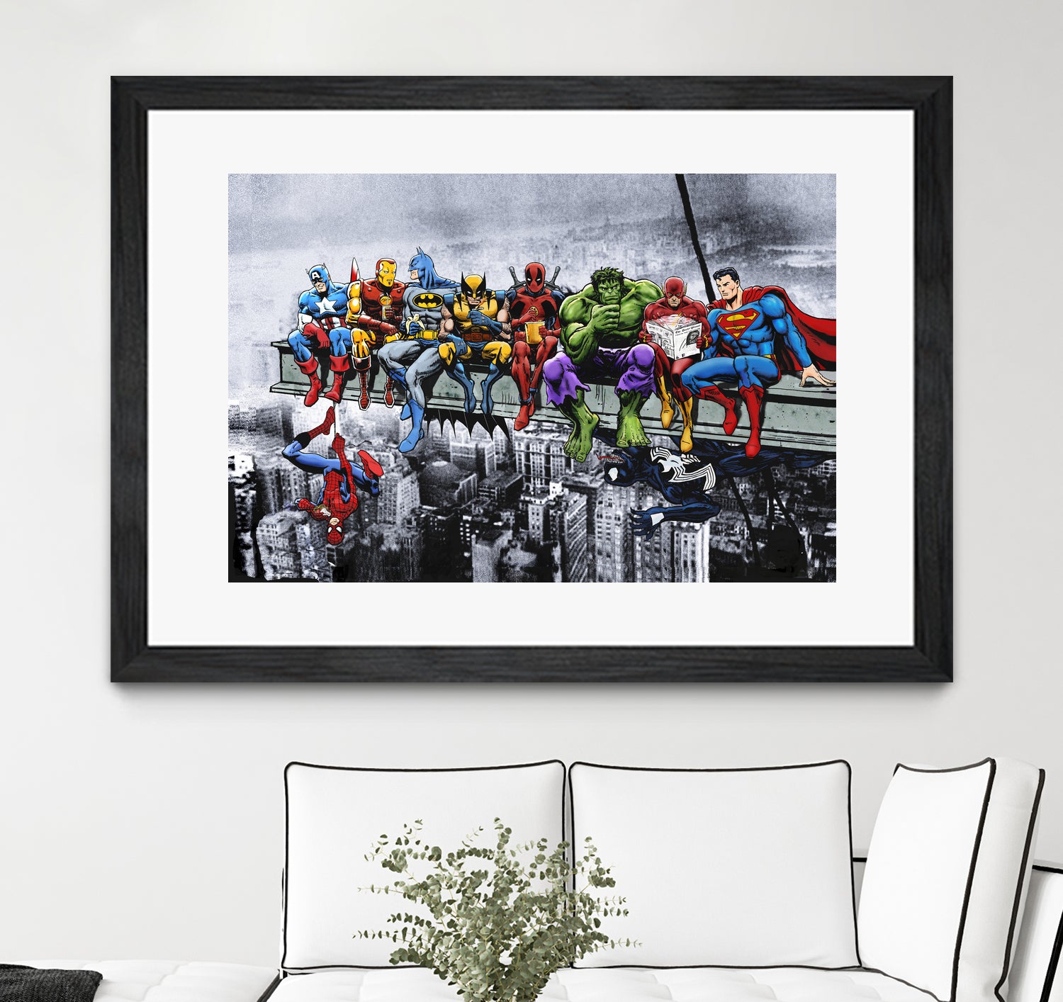 Marvel and DC Superheroes Lunch Atop A Skyscraper by Dan Avenell on GIANT ART - red digital painting