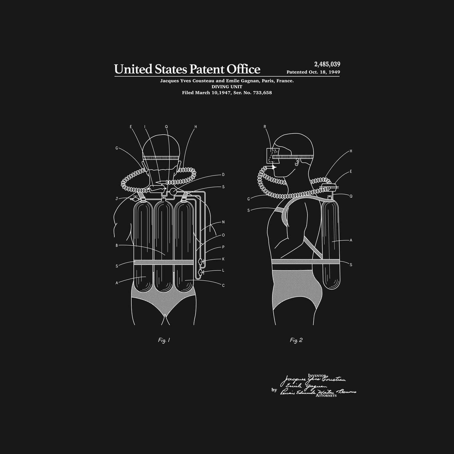 Jacques Cousteau Diving Unit Patent - Black by Finlay McNevin on GIANT ART - black typography