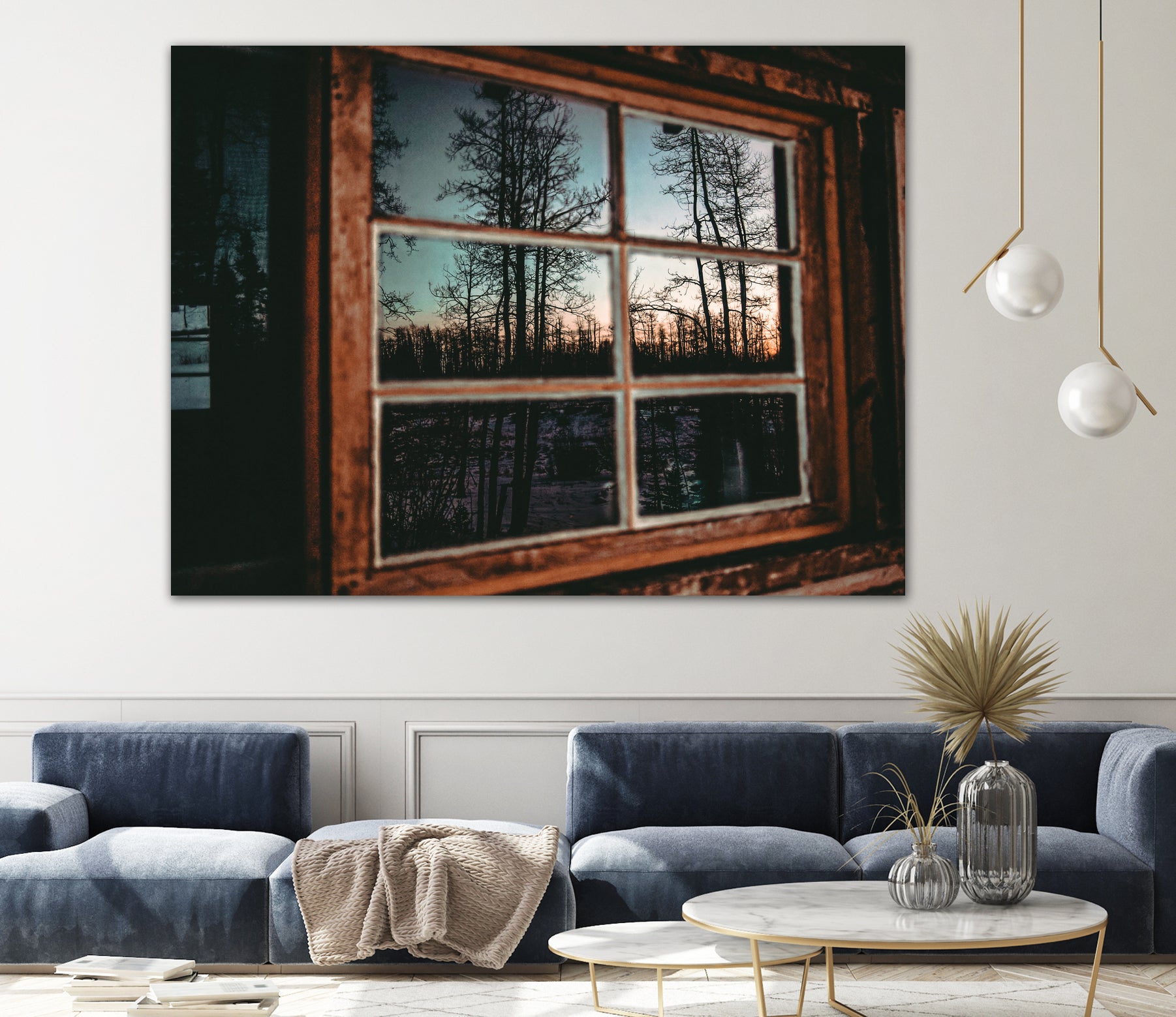 Grainy Sunset Reflection on Log Cabin Window by RJ Byrd on GIANT ART - blue photo illustration