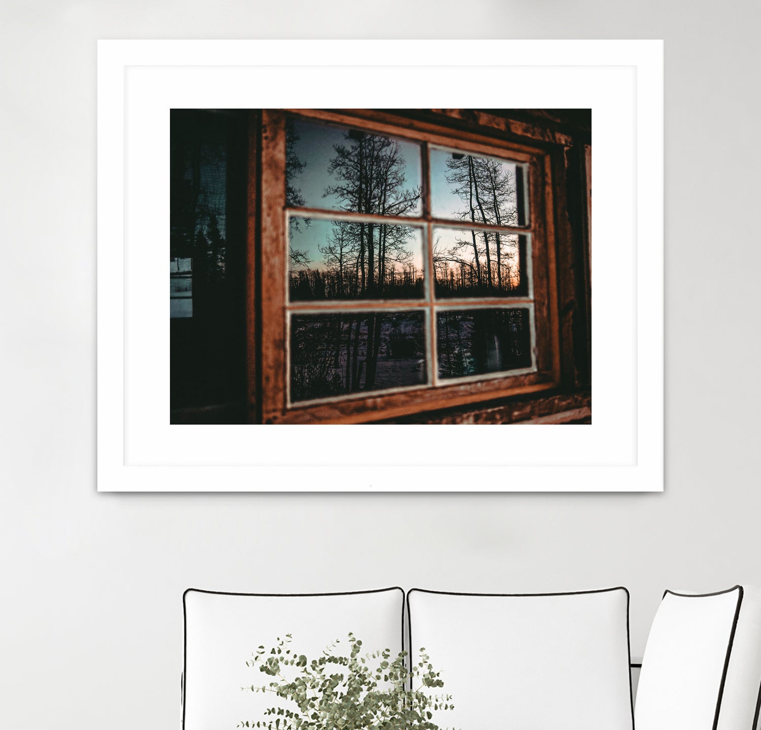 Grainy Sunset Reflection on Log Cabin Window by RJ Byrd on GIANT ART - blue photo illustration