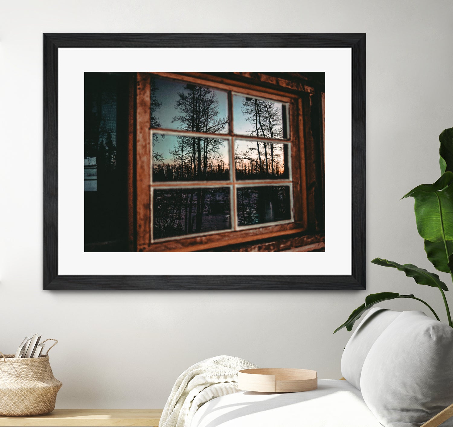 Grainy Sunset Reflection on Log Cabin Window by RJ Byrd on GIANT ART - blue photo illustration