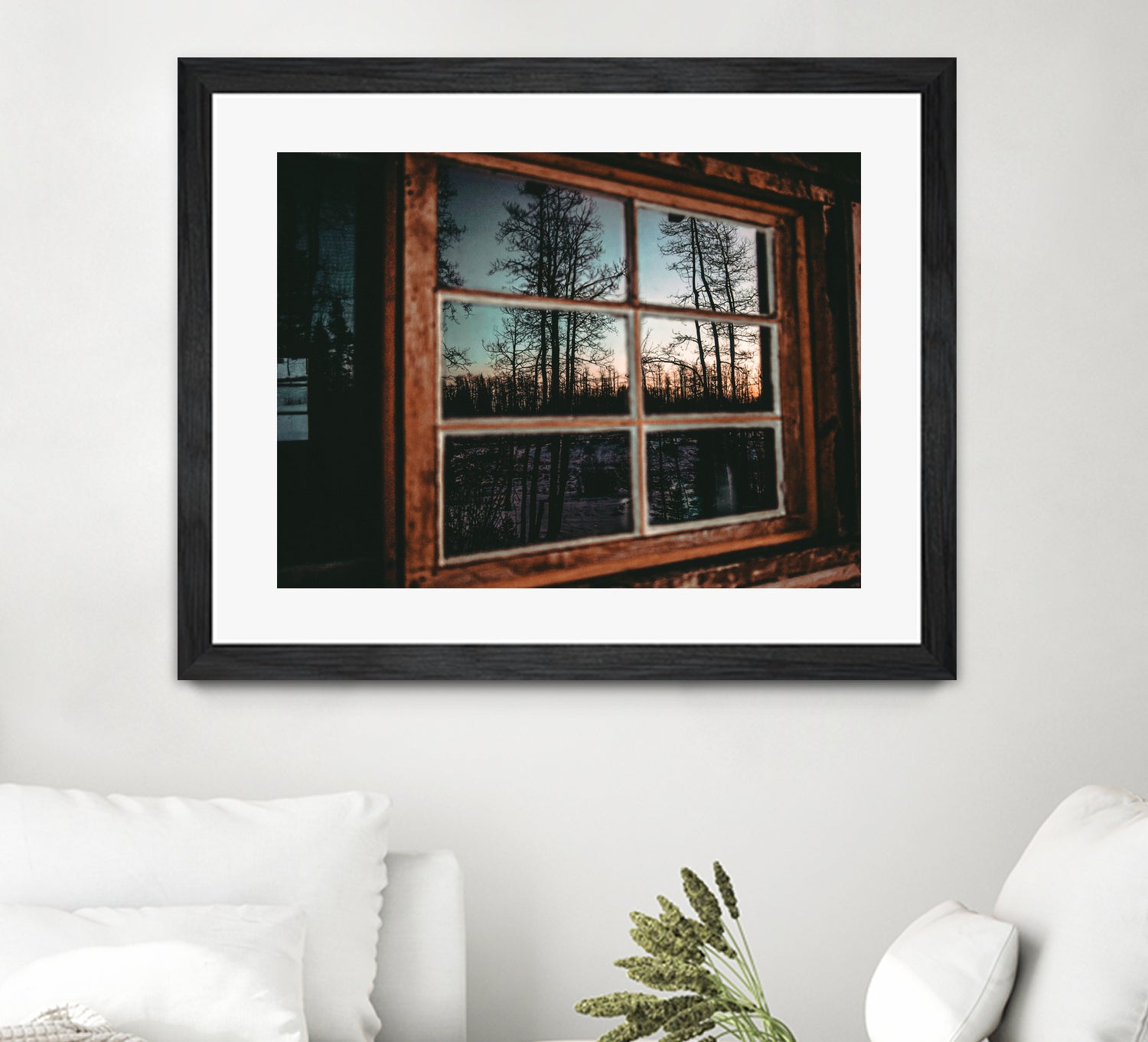 Grainy Sunset Reflection on Log Cabin Window by RJ Byrd on GIANT ART - blue photo illustration