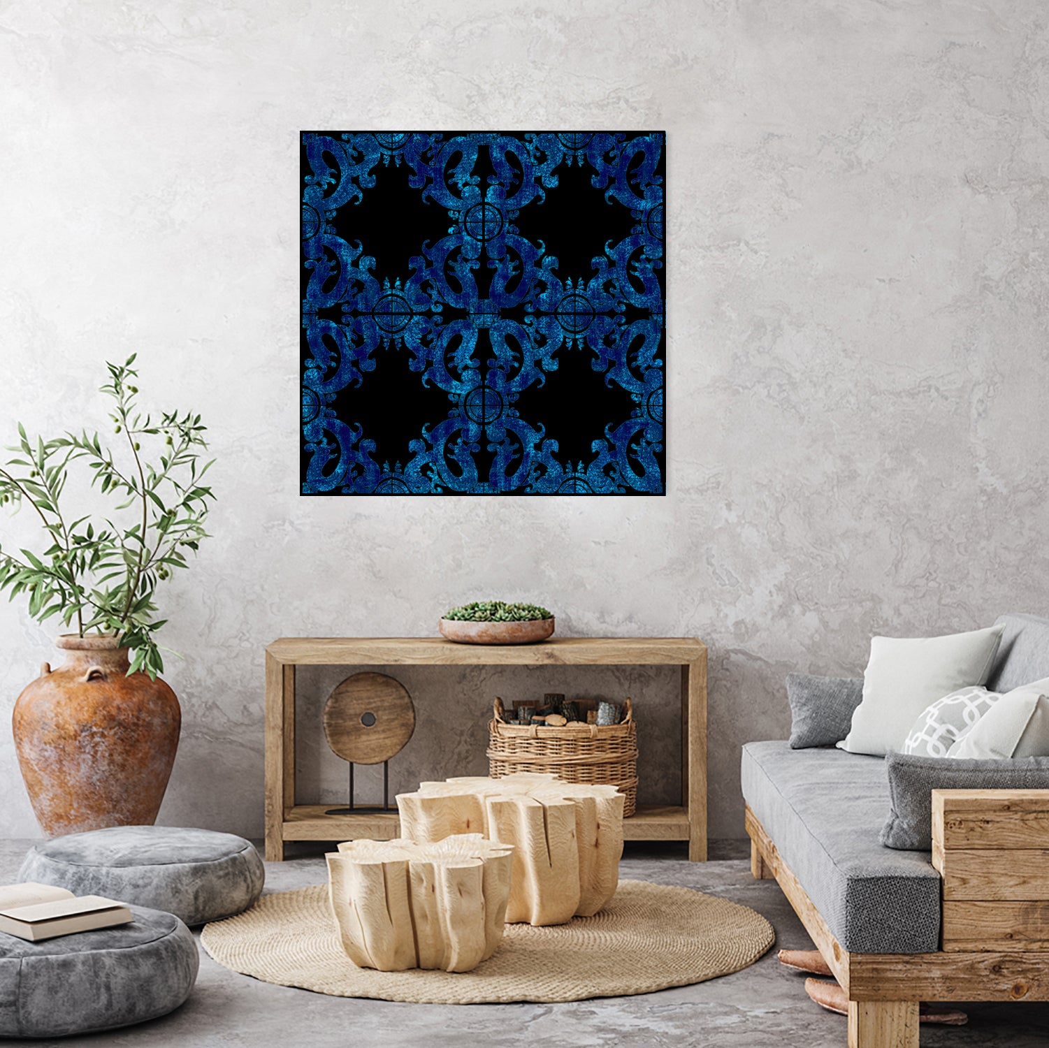 Blue carved tile ceramic effect by Bernadette Mombourgh on GIANT ART - blue digital painting