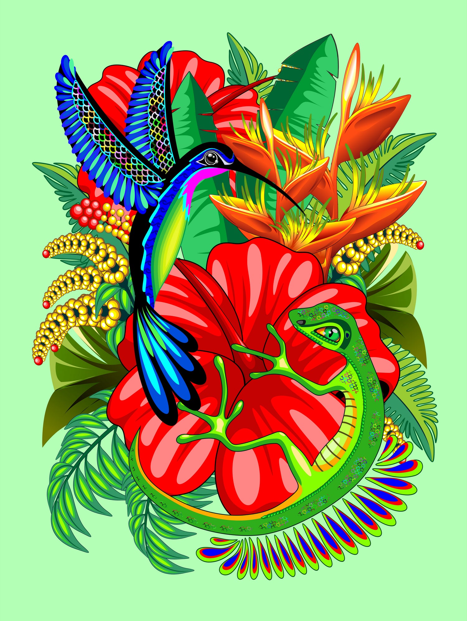 The Lizard, The Hummingbird and The Hibiscus by Monica Terrana on GIANT ART - green digital drawing