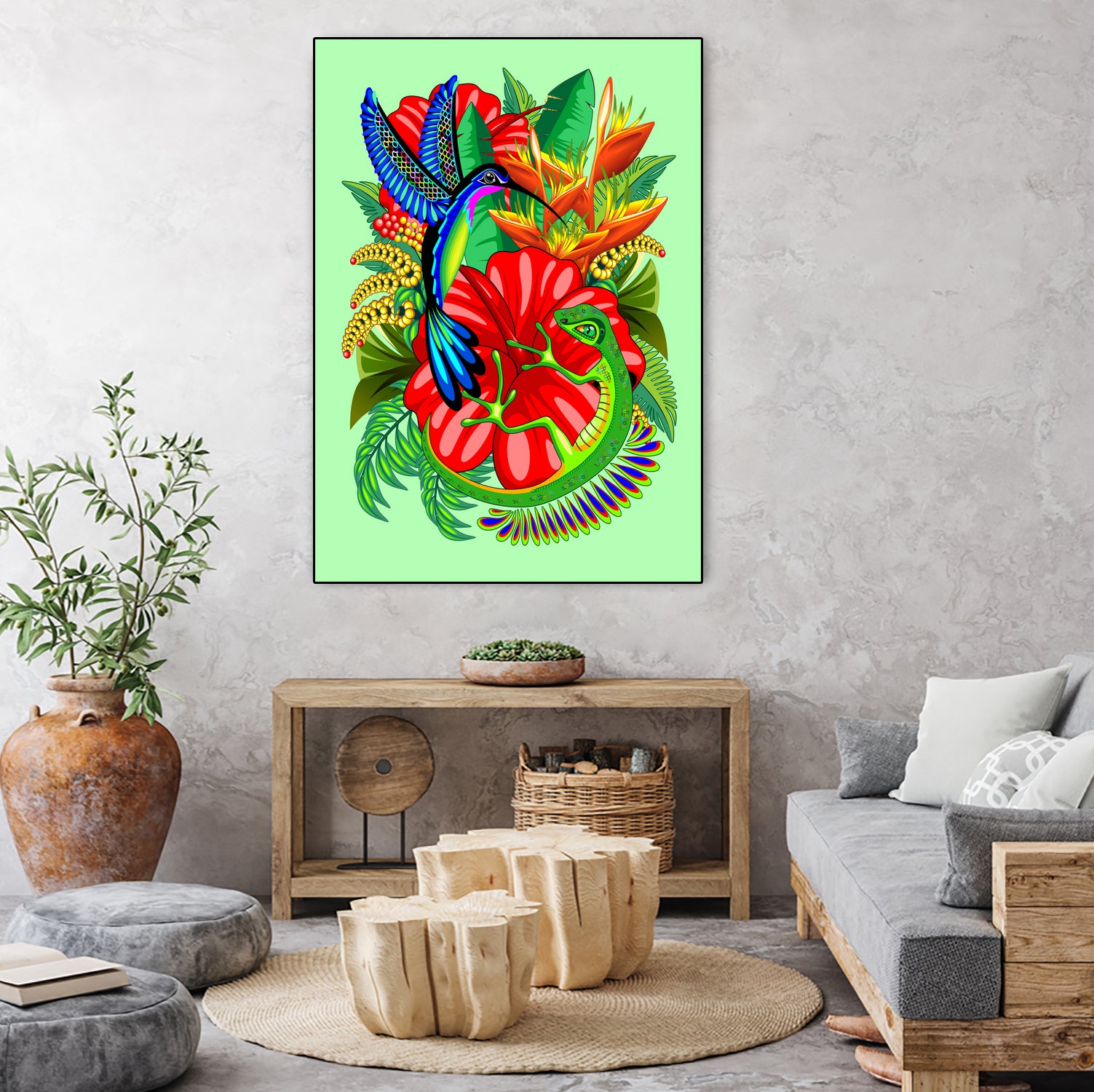 The Lizard, The Hummingbird and The Hibiscus by Monica Terrana on GIANT ART - green digital drawing