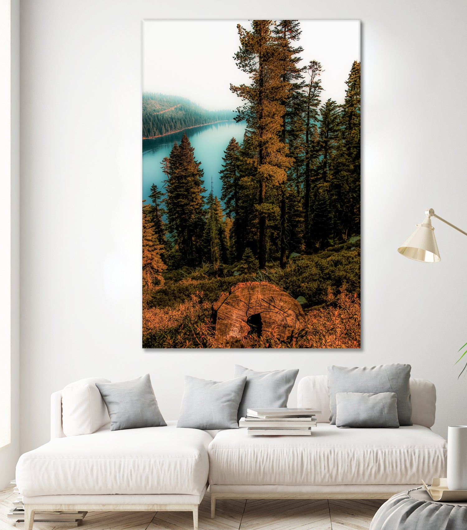 Pine tree with lake scenic at Emerald Bay Lake Tahoe by sutee monchitnukul on GIANT ART - orange photo manipulation