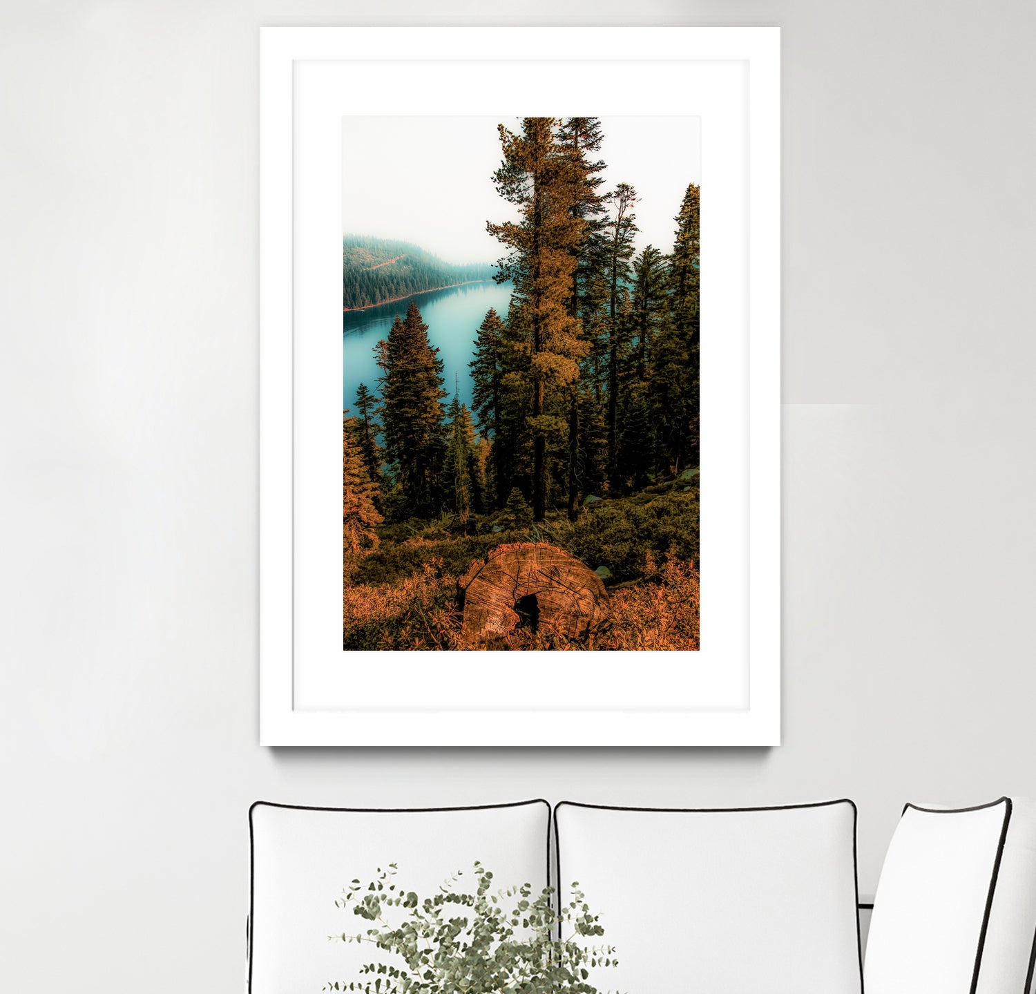 Pine tree with lake scenic at Emerald Bay Lake Tahoe by sutee monchitnukul on GIANT ART - orange photo manipulation