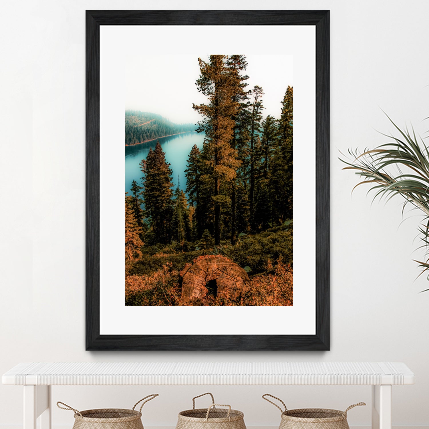 Pine tree with lake scenic at Emerald Bay Lake Tahoe by sutee monchitnukul on GIANT ART - orange photo manipulation