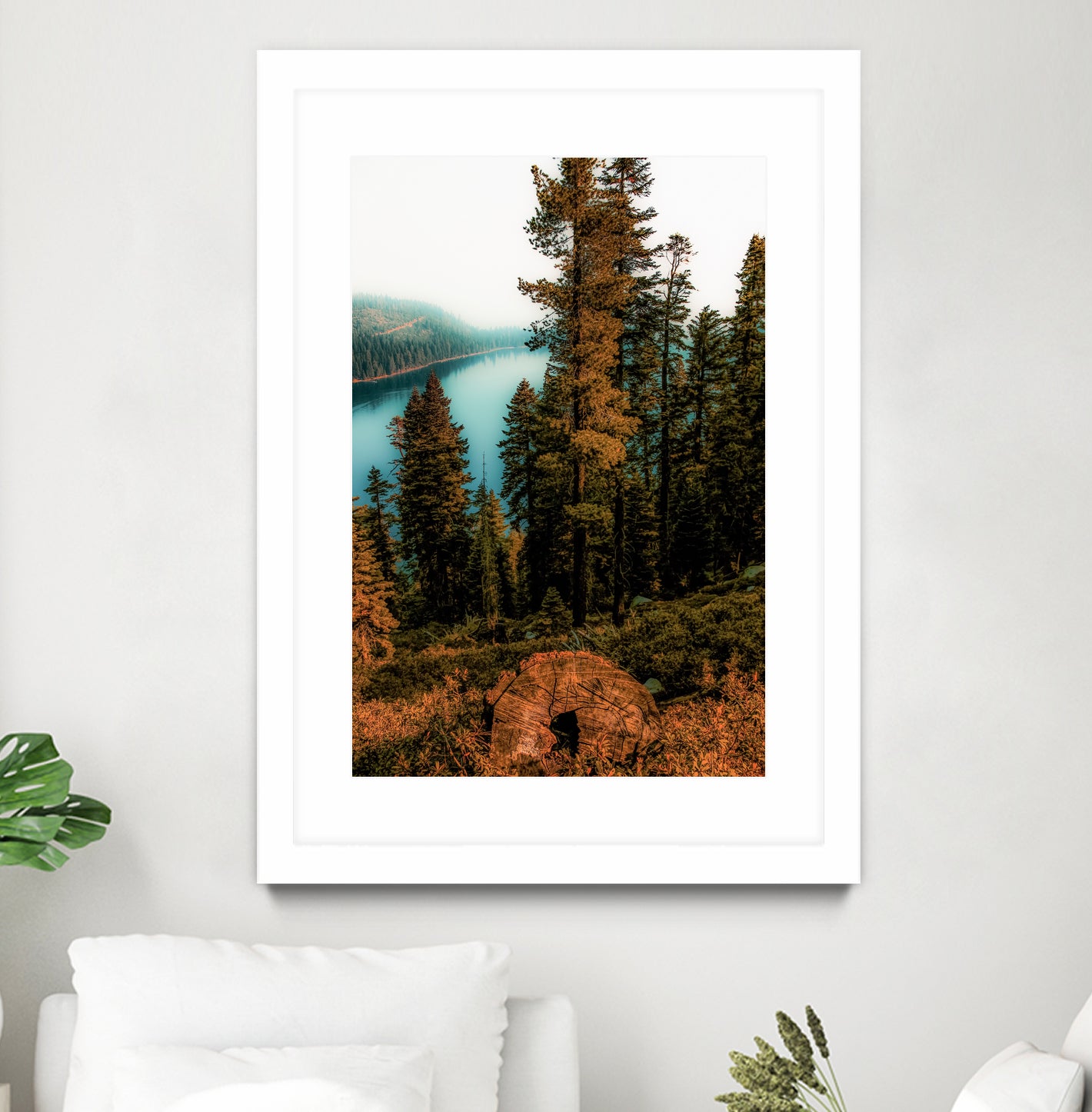 Pine tree with lake scenic at Emerald Bay Lake Tahoe by sutee monchitnukul on GIANT ART - orange photo manipulation