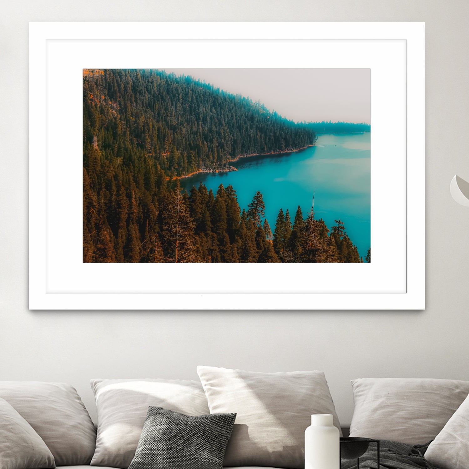 Pine tree and lake view at Emerald Bay Lake Tahoe California by sutee monchitnukul on GIANT ART - blue photo manipulation