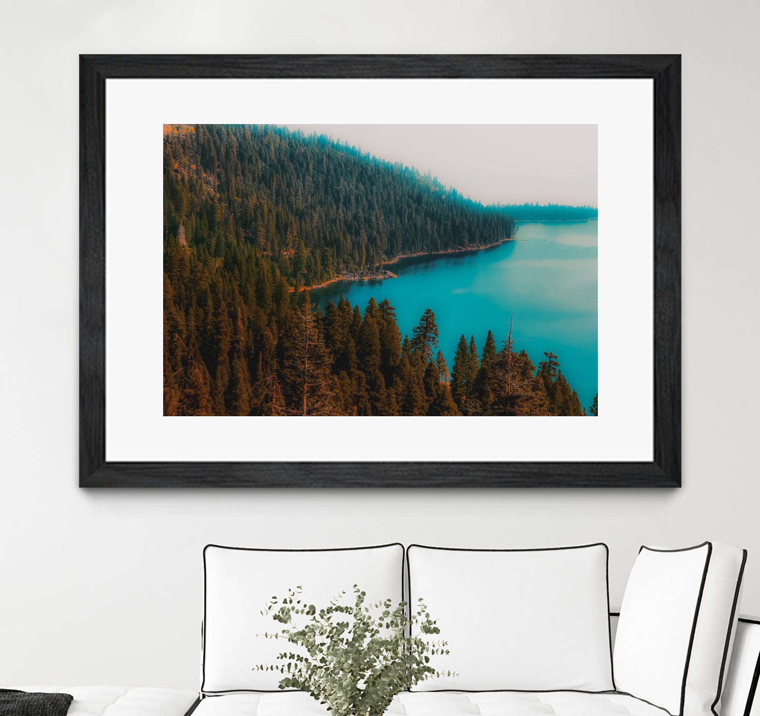 Pine tree and lake view at Emerald Bay Lake Tahoe California by sutee monchitnukul on GIANT ART - blue photo manipulation