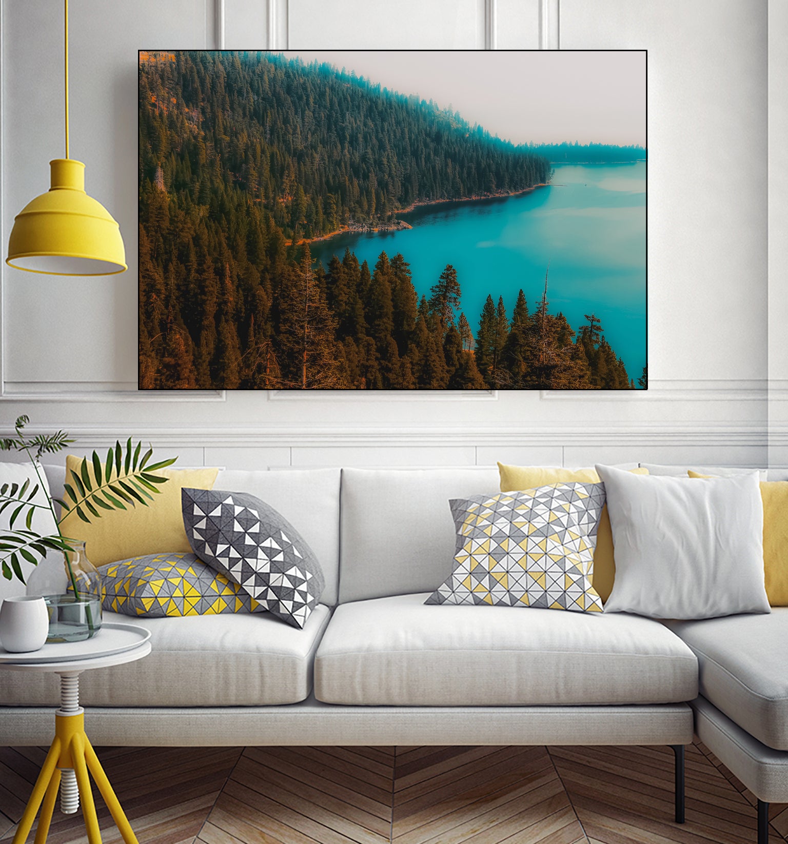 Pine tree and lake view at Emerald Bay Lake Tahoe California by sutee monchitnukul on GIANT ART - blue photo manipulation