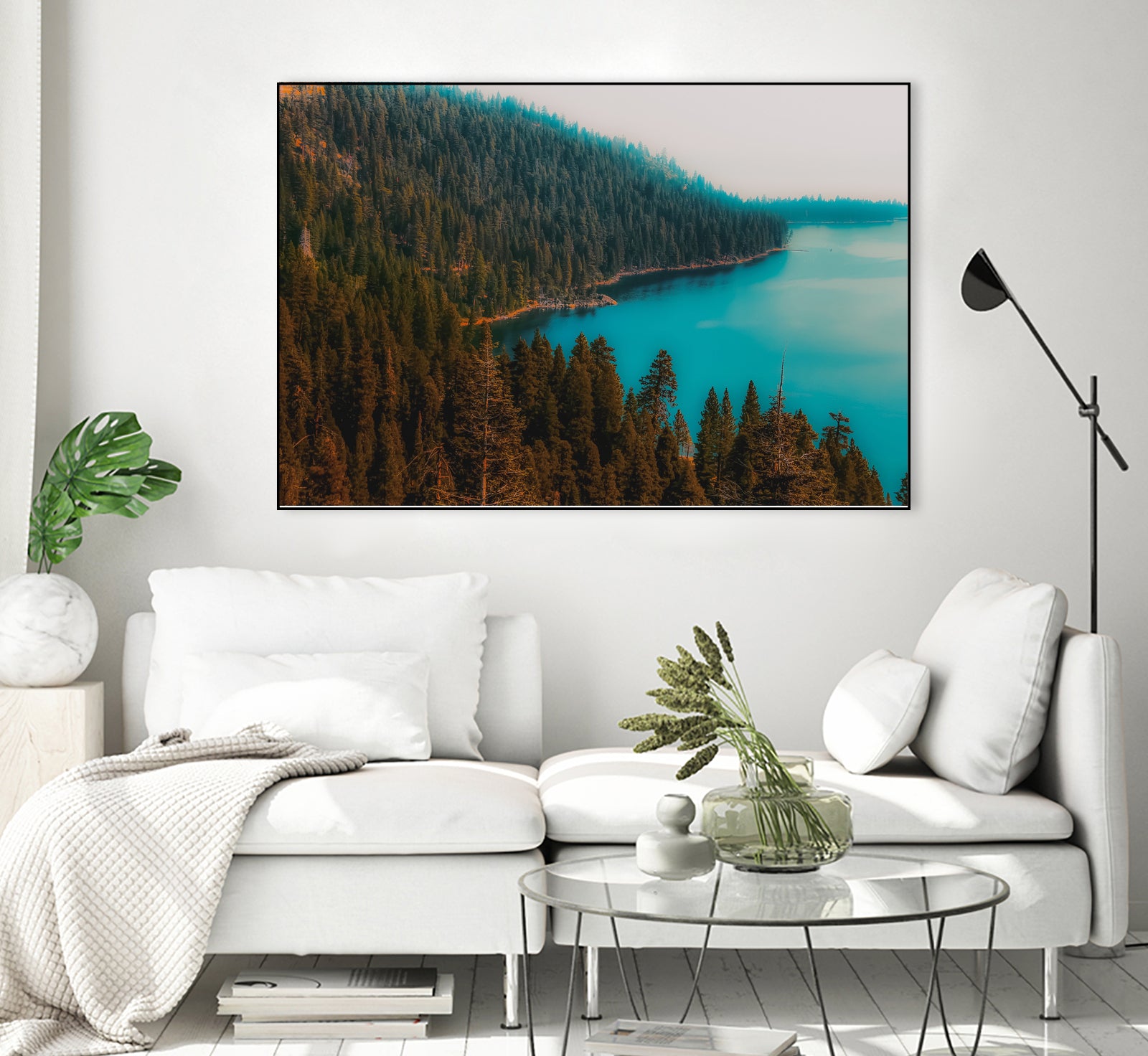 Pine tree and lake view at Emerald Bay Lake Tahoe California by sutee monchitnukul on GIANT ART - blue photo manipulation