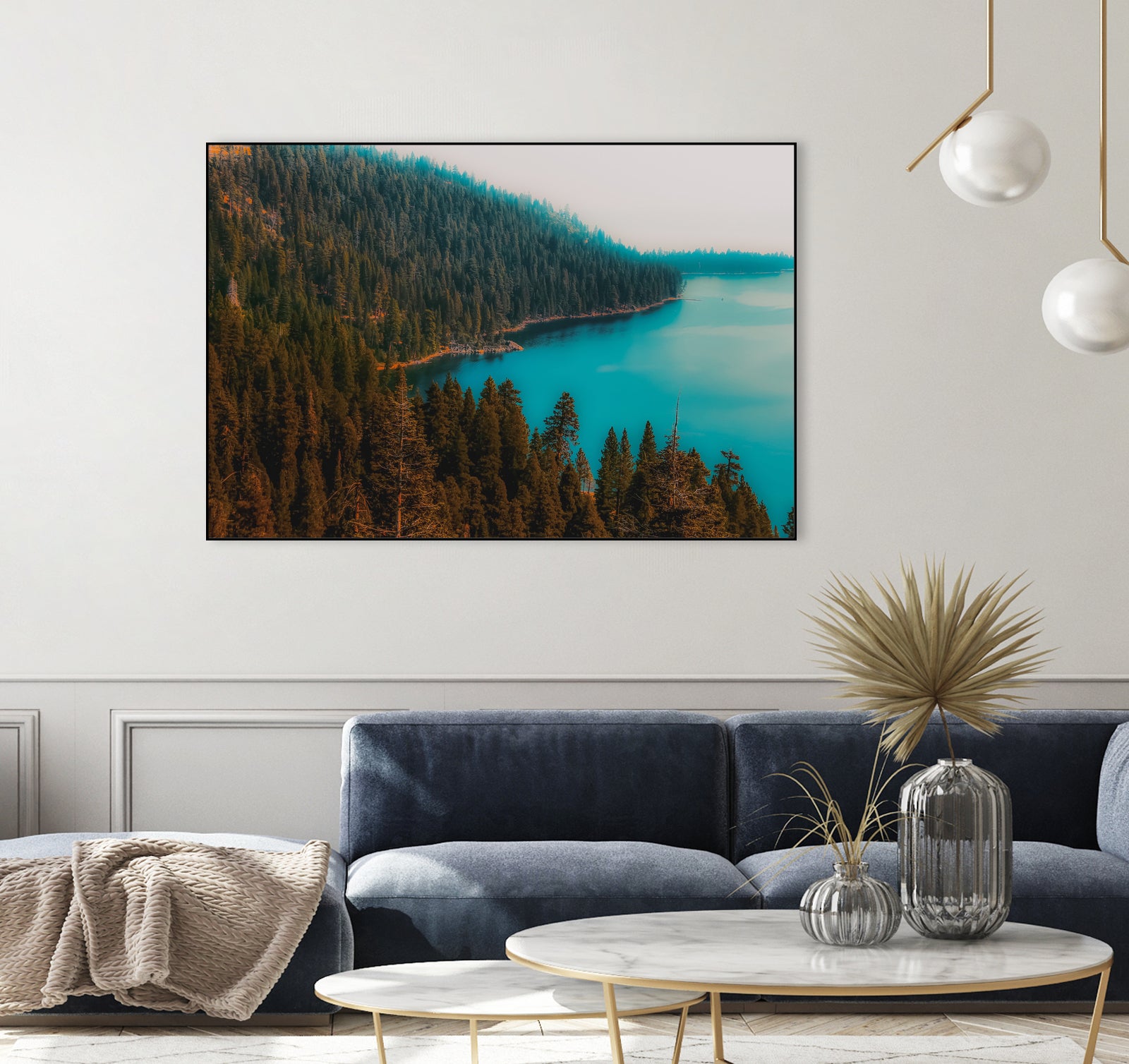 Pine tree and lake view at Emerald Bay Lake Tahoe California by sutee monchitnukul on GIANT ART - blue photo manipulation