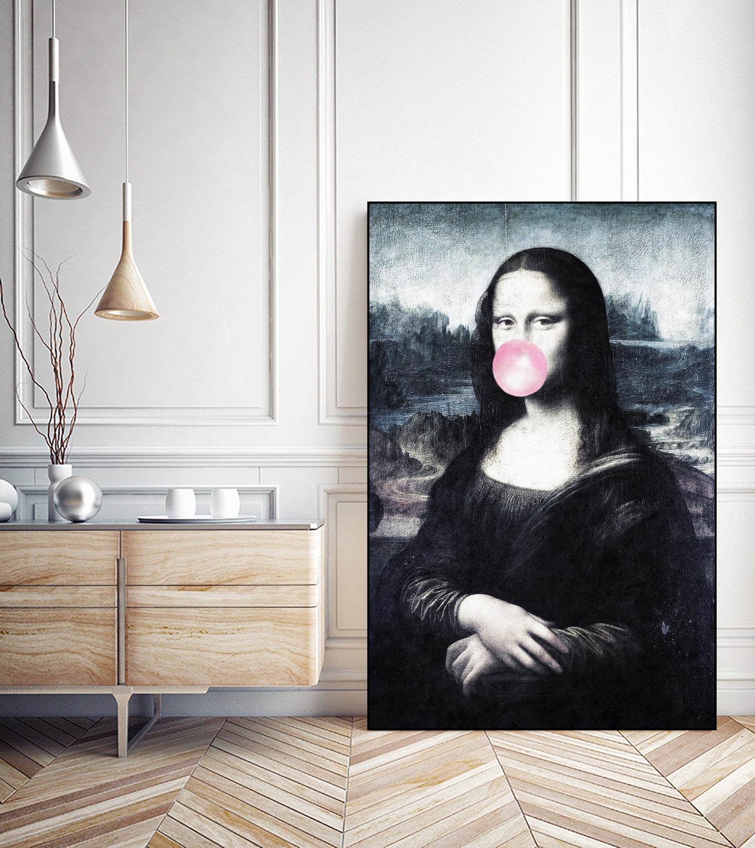 Mona Lisa blowing bubblegum bubbles by Menelaos Trompoukis on GIANT ART - blue digital painting