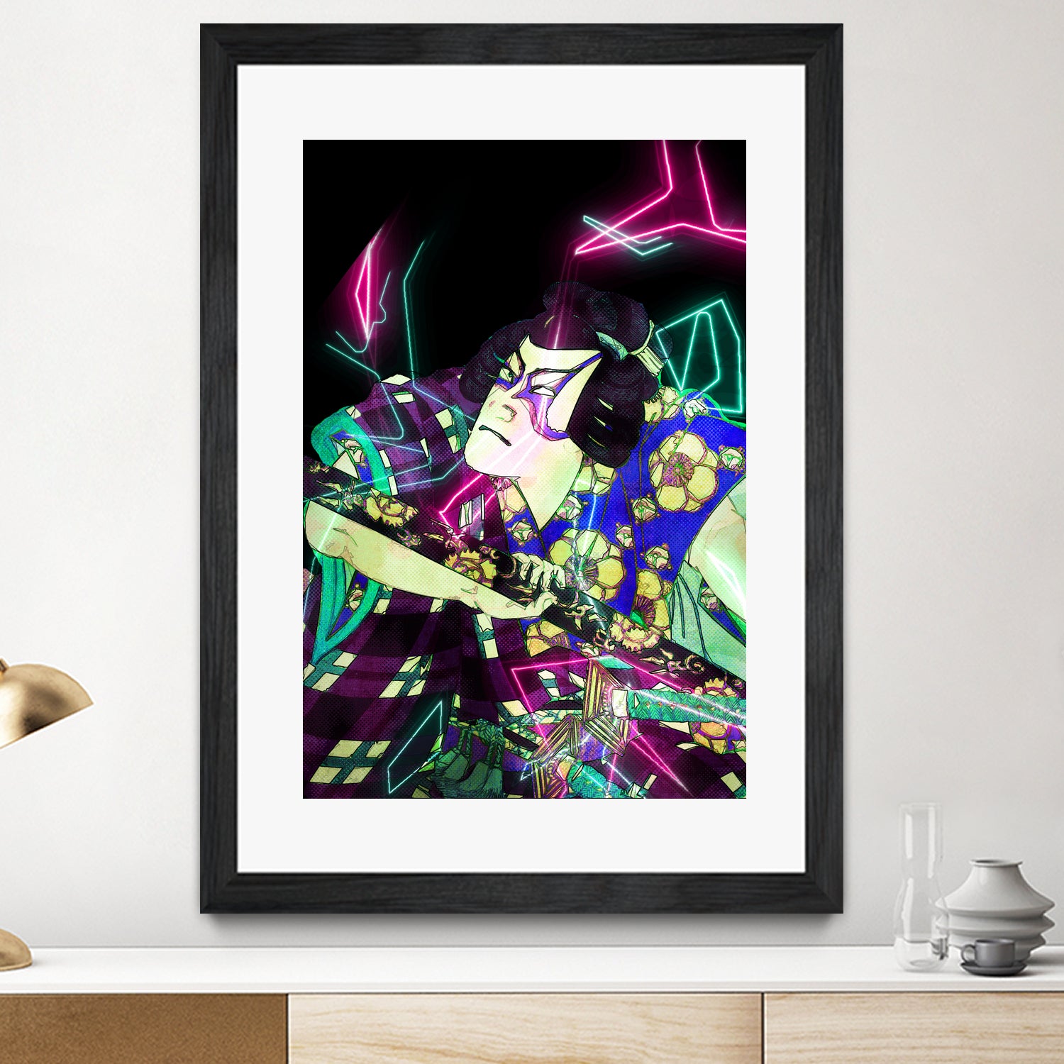 Samurai Japan Print Art Colored Neon Electric by Damian firenza on GIANT ART - fuchsia digital painting