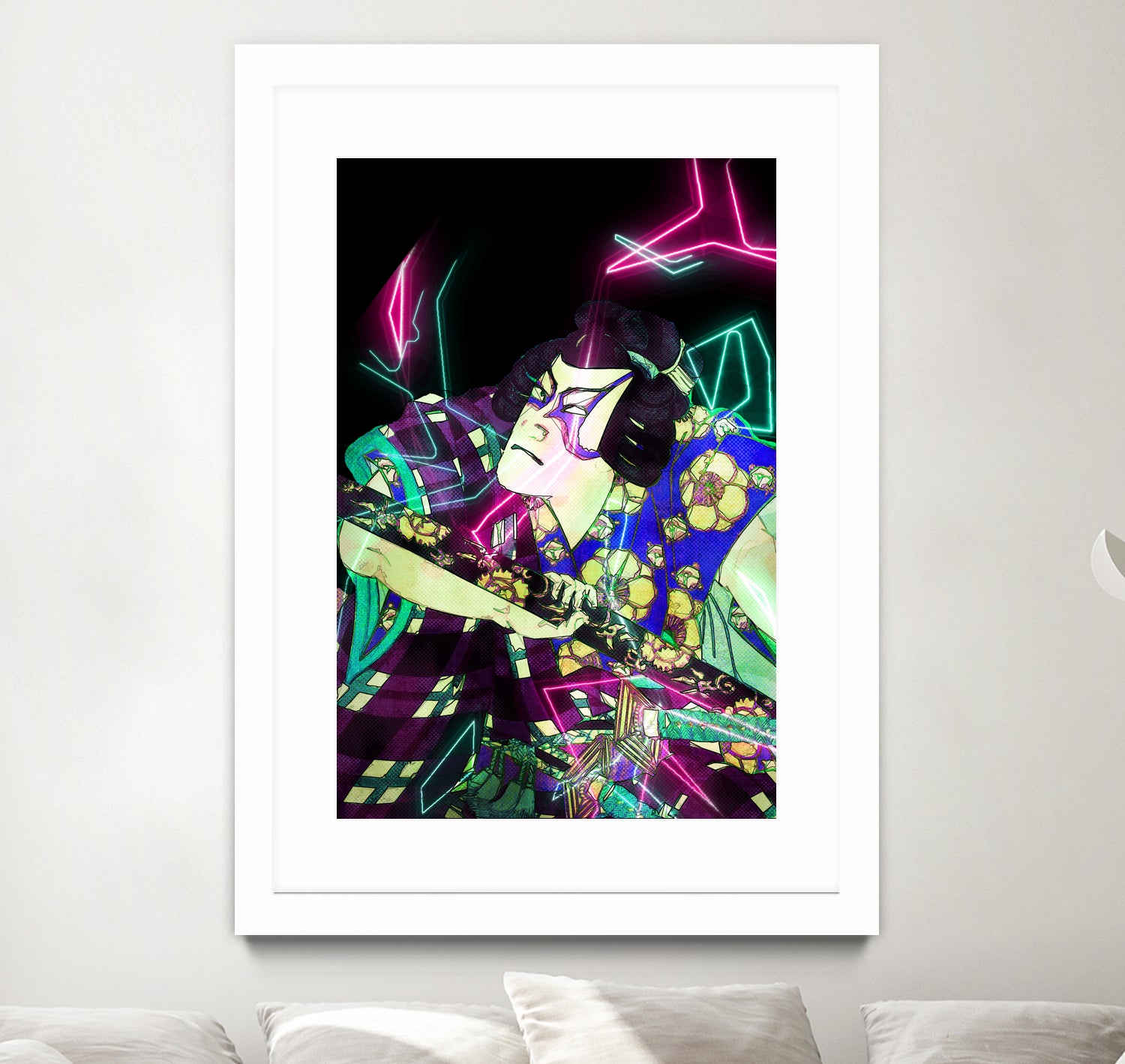 Samurai Japan Print Art Colored Neon Electric by Damian firenza on GIANT ART - fuchsia digital painting