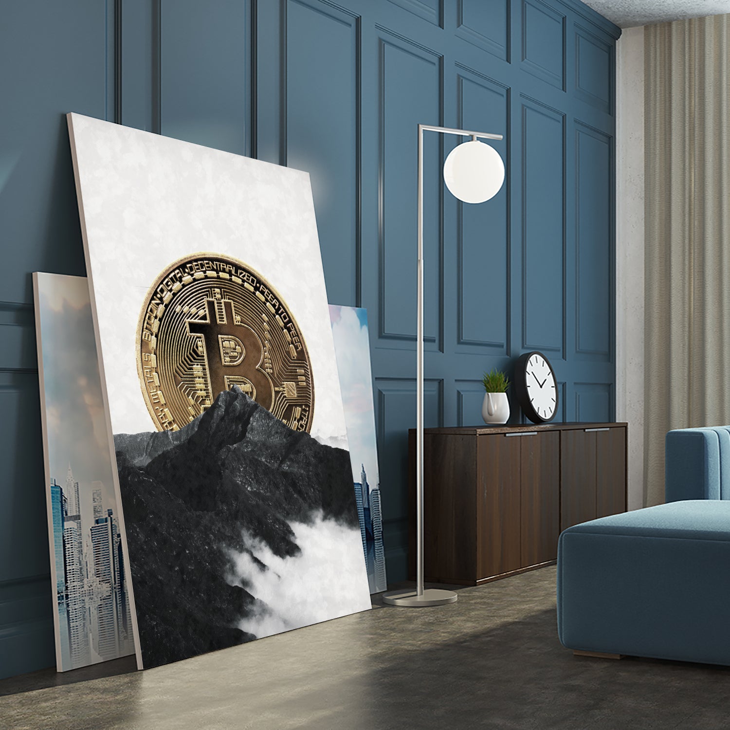 Bitcoin rising behind the mountain by Menelaos Trompoukis on GIANT ART - gray digital painting