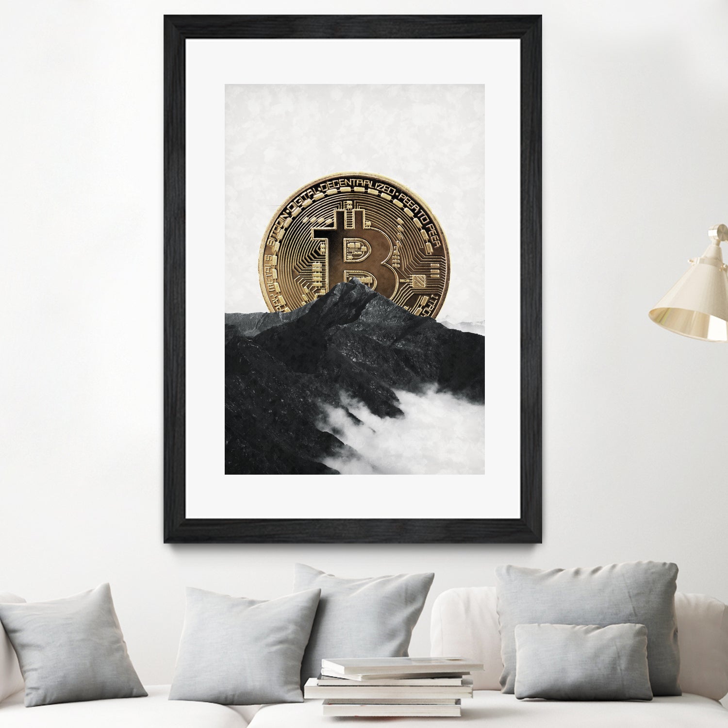 Bitcoin rising behind the mountain by Menelaos Trompoukis on GIANT ART - gray digital painting