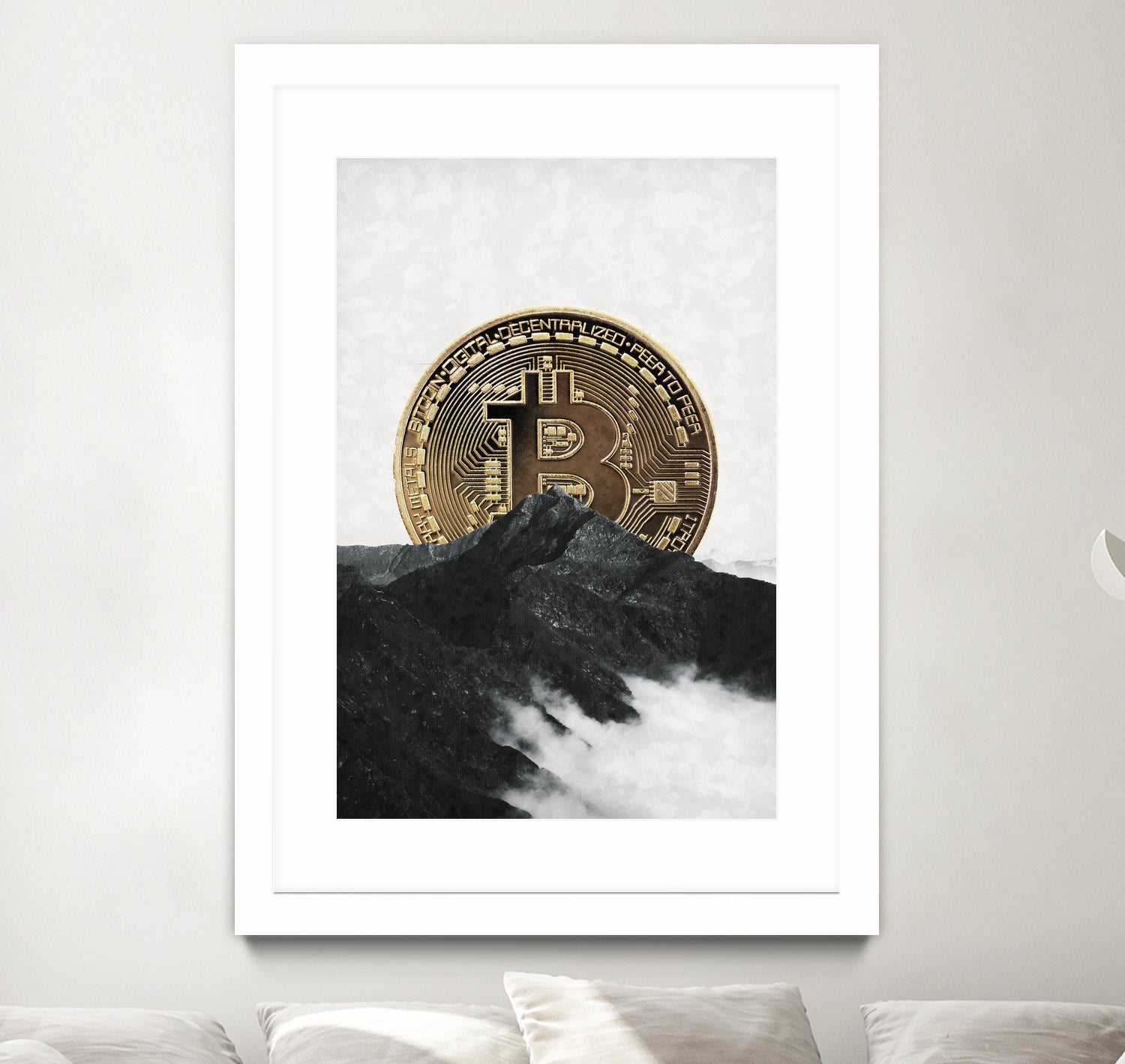 Bitcoin rising behind the mountain by Menelaos Trompoukis on GIANT ART - gray digital painting