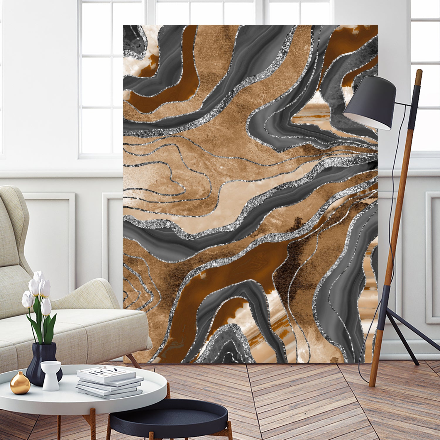 Earthy Marble Agate Silver Glitter Glam #1 (Faux Glitter) by Anita & Bella Jantz on GIANT ART - brown digital painting