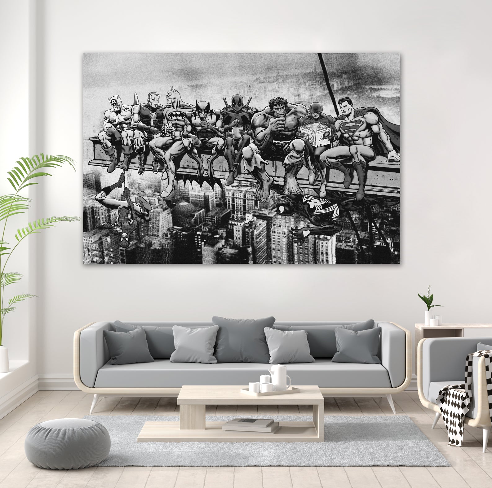 Marvel & DC Superheroes Lunch Atop A Skyscraper -B/W Edition by Dan Avenell on GIANT ART - gray digital painting